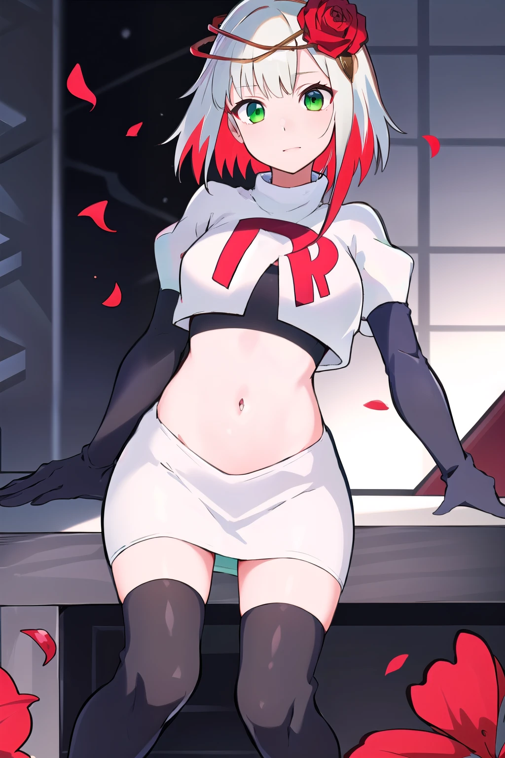 1girl,cosette schneider, Destiny,red flower, hair ornament, red rose, hair flower, short hair, green eyes,multicolored hair,team rocket,team rocket uniform,white skirt,red letter R,crop top,black thigh-highs,black elbow gloves