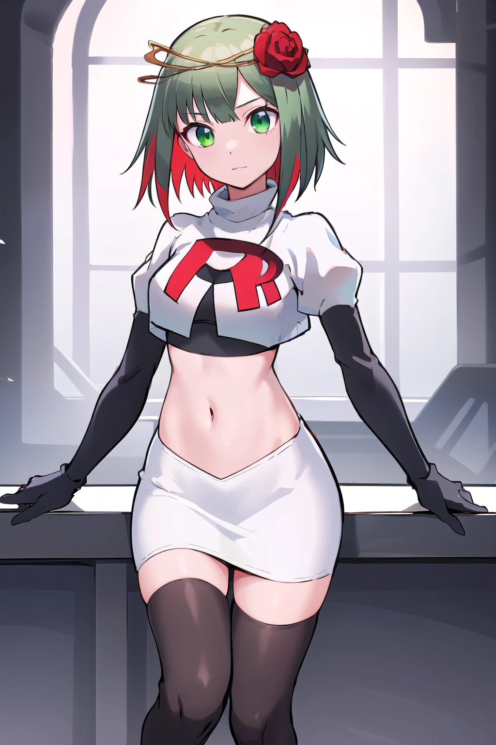 1girl,cosette schneider, Destiny,red flower, hair ornament, red rose, hair flower, short hair, green eyes,multicolored hair,team rocket,team rocket uniform,white skirt,red letter R,crop top,black thigh-highs,black elbow gloves