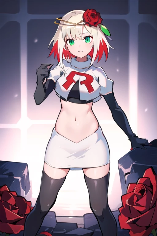 1girl,cosette schneider, Destiny,red flower, hair ornament, red rose, hair flower, short hair, green eyes,multicolored hair,team rocket,team rocket uniform,white skirt,red letter R,crop top,black thigh-highs,black elbow gloves