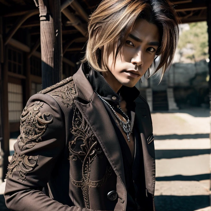 1 man, male, Japanese man, Visual Kai hairstyle, ultra detailed face and body, hyperrealistic, realistic representation, muscular, broad shoulders, tattoos gothic style, Visual Kei style, blond, long hair, 40 years old, outfit gothic streampunk, men's shirt and black pants, Asian eyes