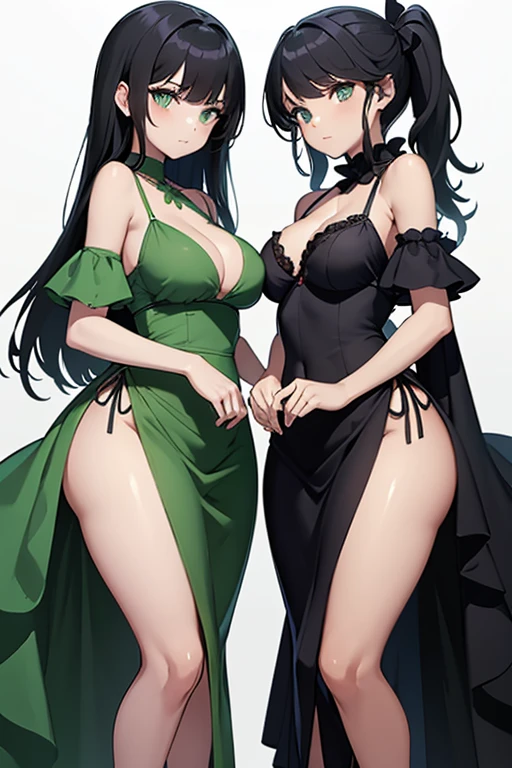 A pair of twins with big breasts and big asses dressed in dresses with a slit in the middle of the chest, the one on the left has a green dress with a small cut on one side to show her leg, the one in the middle is wearing a gray dress with a cut on the sides of the waist, posing for a photo, holding each other&#39;s waist, smiling. 