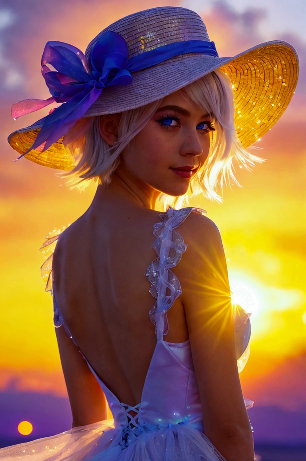 1 girl, masterpiece, extremely detailed, (beautiful detailed glitter), Lens flare, by white, short hair, by the floating, looking back, back behind, smile, blue eyes, White dress, medium breasts, Upper part of the body, plano general, top-hat, ((Salar de uyni)), sunrise, clouds, backlighting, purple sky, yellow sky, gradient sky, hands in the hat