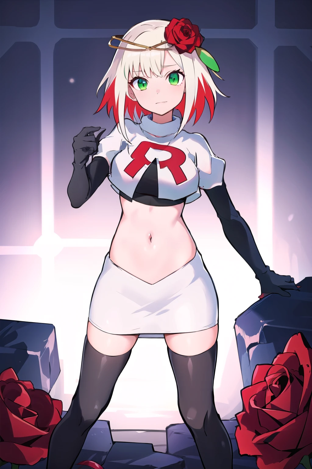 1girl,cosette schneider, Destiny,red flower, hair ornament, red rose, hair flower, short hair, green eyes,multicolored hair,team rocket,team rocket uniform,white skirt,red letter R,crop top,black thigh-highs,black elbow gloves