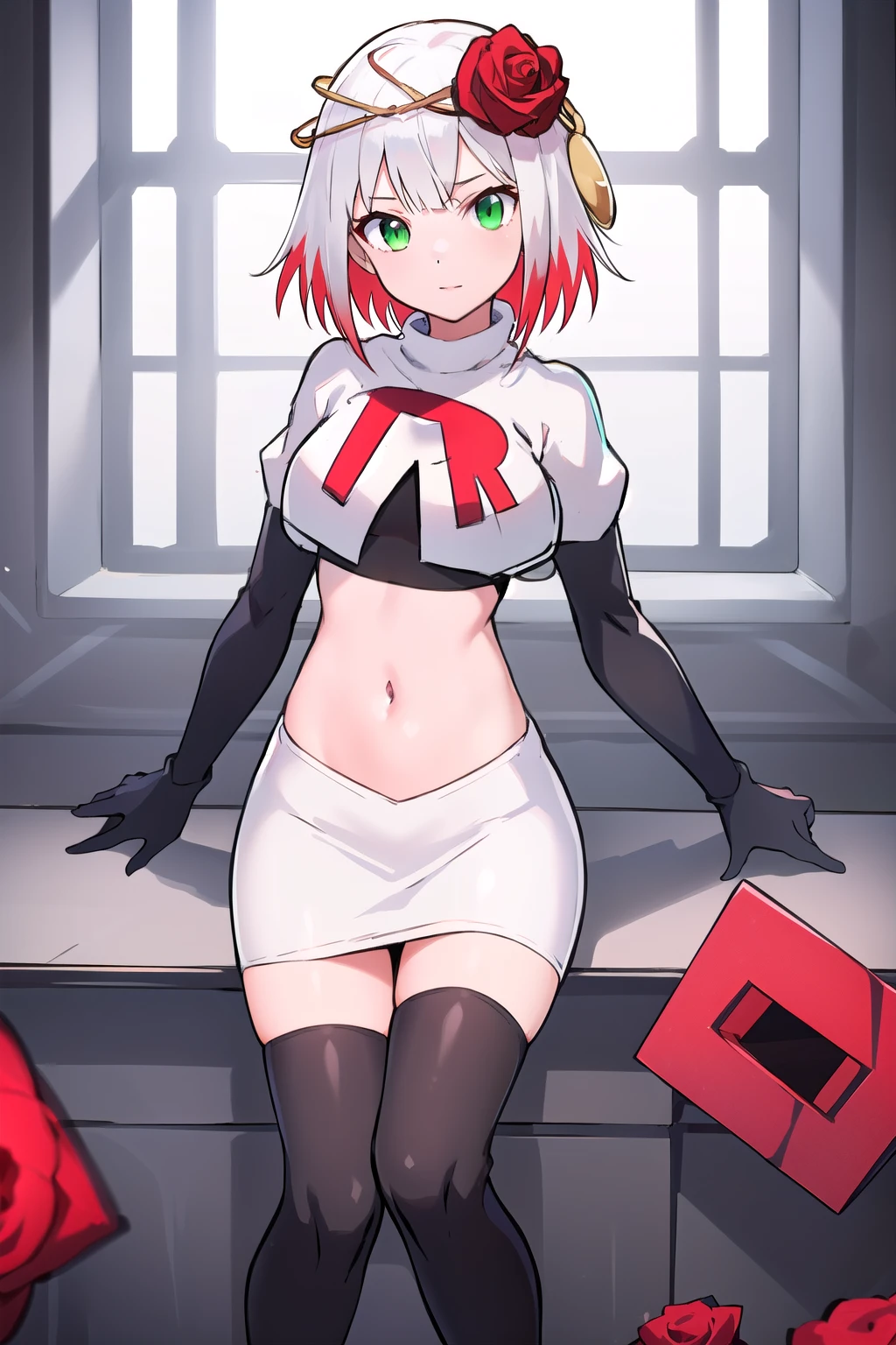 1girl,cosette schneider, Destiny,red flower, hair ornament, red rose, hair flower, short hair, green eyes,multicolored hair,team rocket,team rocket uniform,white skirt,red letter R,crop top,black thigh-highs,black elbow gloves