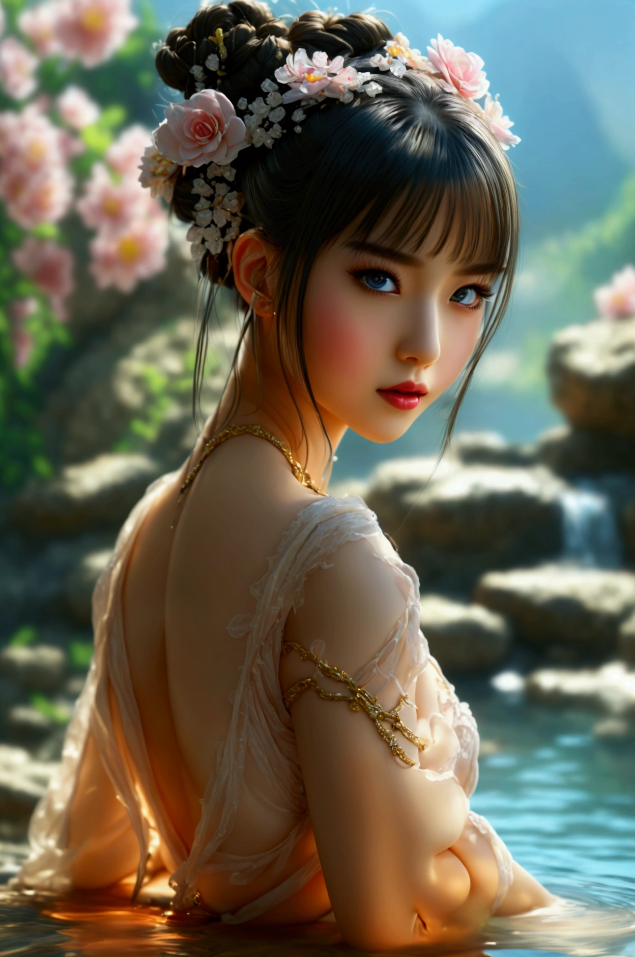 1 beautiful girl in hanfu, medium breasts, plunging neckline, mountains, soaking feet, studio session, Chinese garden background, white thighs, clear water, (detailed feet:1.3), abundant flowers, (best quality,4k,8k,highres,masterpiece:1.2),ultra-detailed,(realistic,photorealistic,photo-realistic:1.37),HDR,UHD,studio lighting,ultra-fine painting,sharp focus,physically-based rendering,extreme detail description,professional,vivid colors,bokeh,digital painting,cinematic lighting,dramatic