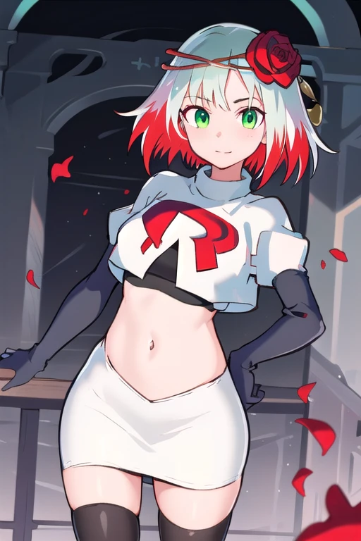 1girl,cosette schneider, Destiny,red flower, hair ornament, red rose, hair flower, short hair, green eyes,multicolored hair,team rocket,team rocket uniform,white skirt,red letter R,crop top,black thigh-highs,black elbow gloves