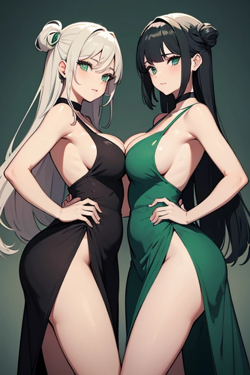 A pair of twins with big breasts and big asses dressed in dresses with a slit in the middle of the chest, the one on the left has a green dress with a small cut on one side to show her leg, the one in the middle is wearing a gray dress with a cut on the sides of the waist, posing for a photo, holding each other&#39;s waist, smiling. 