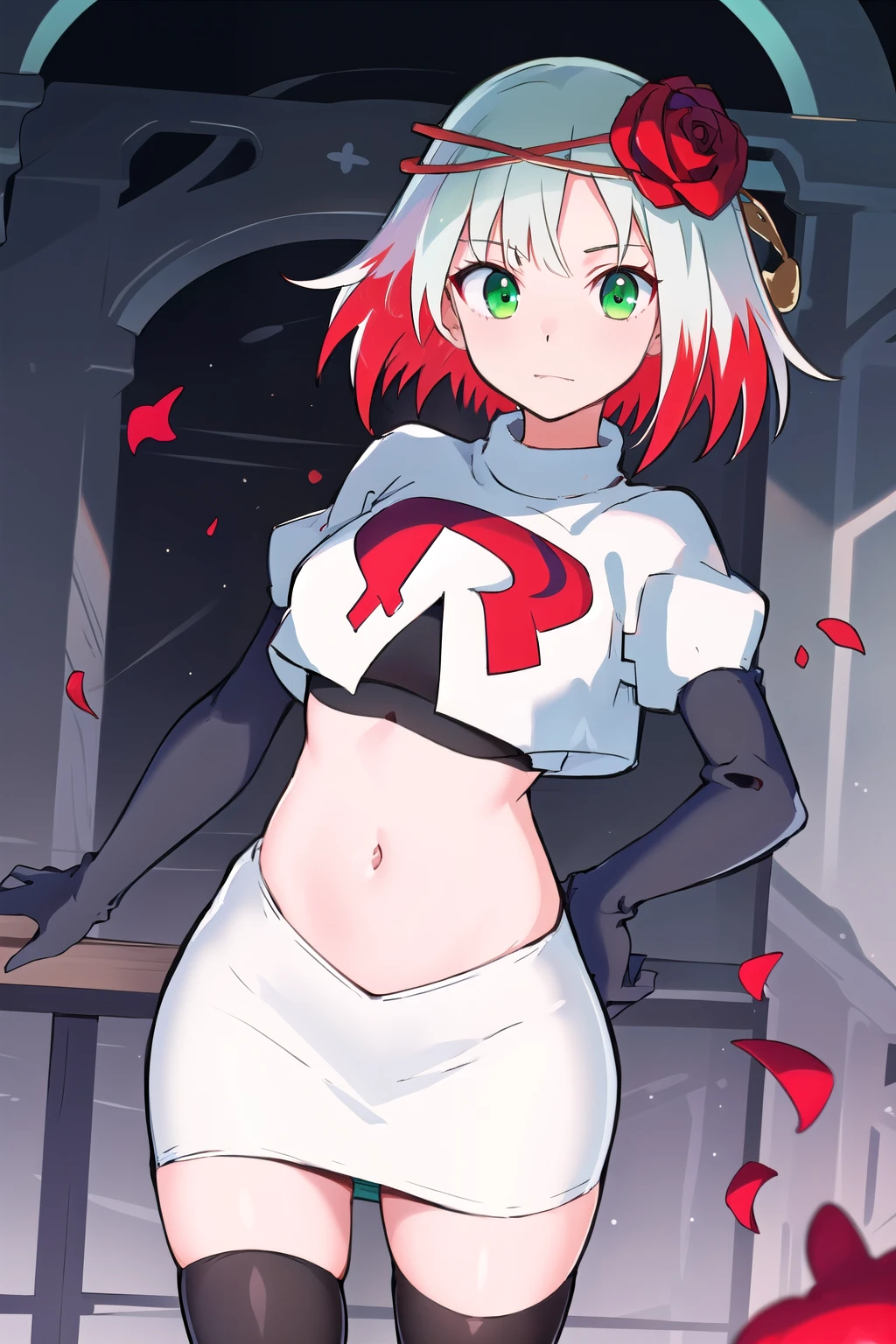 1girl,cosette schneider, Destiny,red flower, hair ornament, red rose, hair flower, short hair, green eyes,multicolored hair,team rocket,team rocket uniform,white skirt,red letter R,crop top,black thigh-highs,black elbow gloves