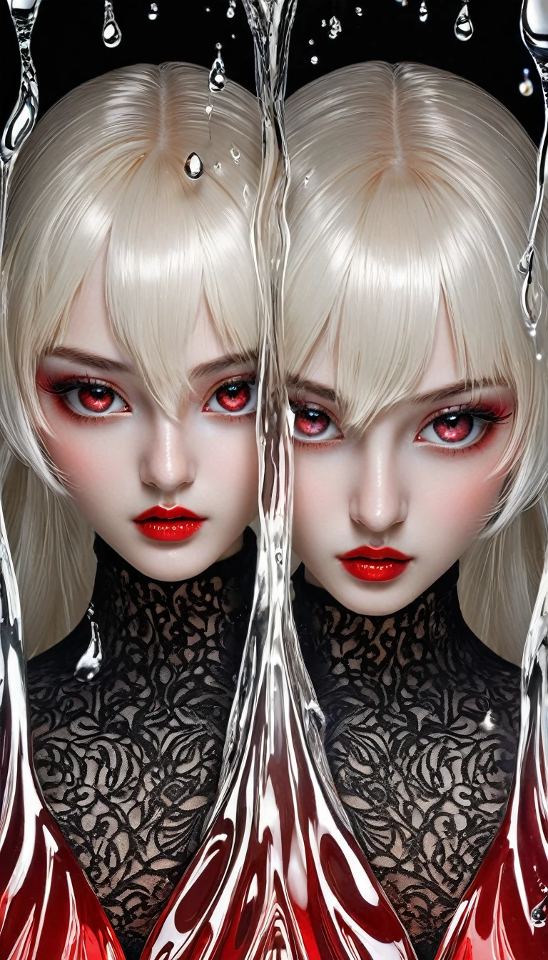 twins beauty, striking eyes, glossy silky ivory hair, amorous and lewd expression, perfect proportions, twin fashion (left is red, right is black), delicate and dynamic textures, contrasts of light and shadow, 2.5D, artistic photography, hyper realistic, ultra detailed, absolutely resolution, best quality, background drops of water dripping onto glass