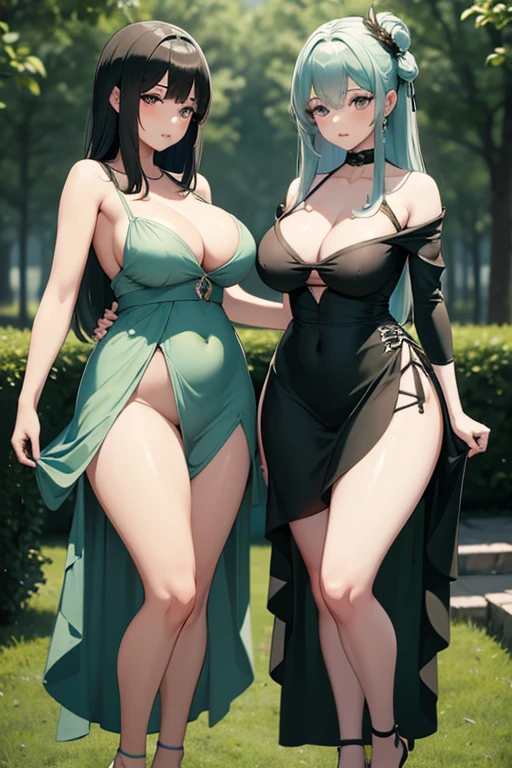 Twins with giant breasts and big asses dressed in dresses with an opening in the middle of the chest, the one on the left has a green dress with a small cut on one side to show her leg, the one in the middle is wearing a gray dress with a cut on the sides of the waist posing for a photo holding each other&#39;s waist smiling 