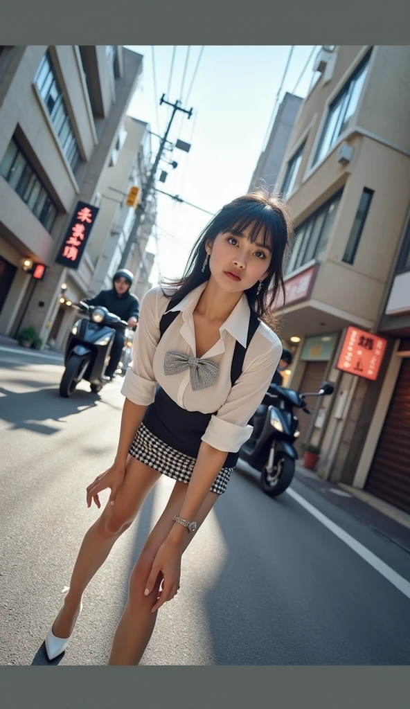 ((An ultra-high picture quality:1.5、ultra-quality:1.5、Photographic:1.3,High ponytail:1.5))、(masutepiece, Best Quality:1.2), 8K, Official art, Raw photo, unbelievable Ridiculous, (Upper body, Japan sailor suit uniform, serafuku:1.4), Beautiful Girl, Pretty Face, arching back down, Navy pleated skirt, close up, School uniform, Short sleeve, gardenia, violaceaess, , Street, Looking at Viewer, Film grain, chromatic abberation, Sharp Focus, face lights, Dynamic lighting, Cinematic lighting, Eyes and faces with detailed, Bokeh background, (1 dark red bow tie:1.2)