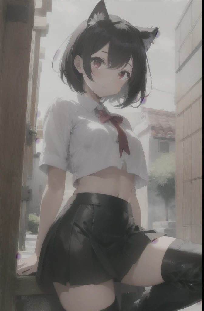 (Masterpiece, Best Quality), 1 girl with short black hair, cat ears, Short skirt, knee high leather boots, white shirt up to the middle of the abdomen, Red eyes, katana sword
