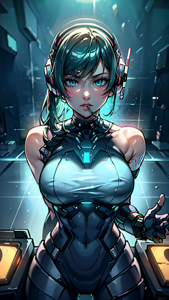 ((​masterpiece)).dj. a dj. high qualities . cyber-punk.  Futuristic cena.  from above view, precise, detail, Textured skin, best qualityer, breasts big, gaping mouth, earphone, defocused, Lens flare, Chromatic aberration, External shine, Ray tracing, アニメ, anime styling, 