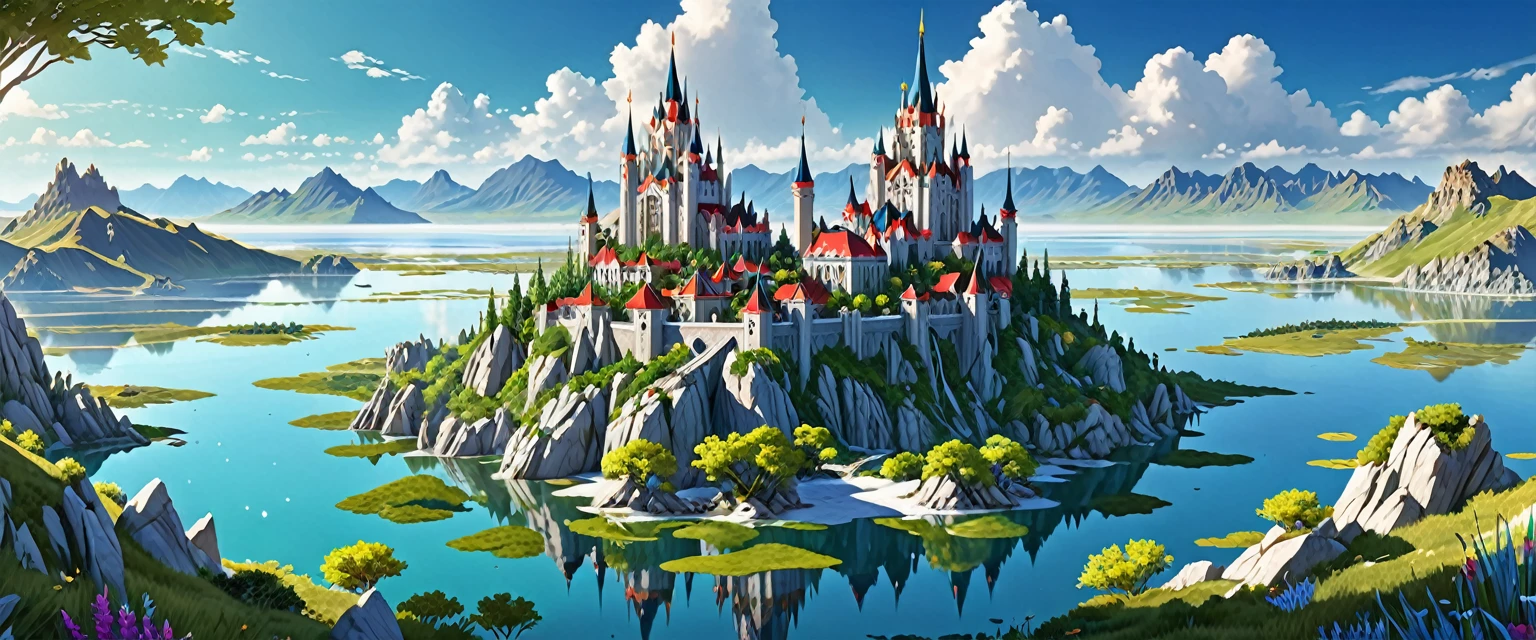 A Magical fairy tale City built on three high rocky karst island. In the middle of the Great Salt Lake. Official Art – An Award-Winning Digital Masterpiece In 4K Ultra HD, Extreme Detail And Intricate Realism. Symmetrical Face. This Concept Art Brought To Life By The Hands Of Artists Like Wlop & Artgerm In A Stunning 2D Vector Illustration.. Background Is A Panoramic Vista.
