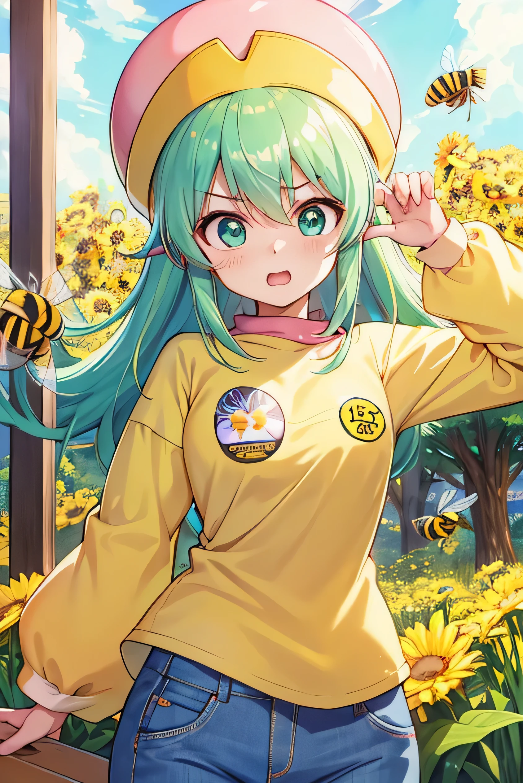 Highest quality, masterpiece, High resolution, detailed, Digital Art, HxHPonzu, Aqua Hair, Green Eyes, Have, round Have, Pink Shirt, Upper Body, Number plate, anger, Pink hat, yellow pants, Upper Body, anger, bee. 多くのbee, beeが飛ぶ, On board, Honeybees,