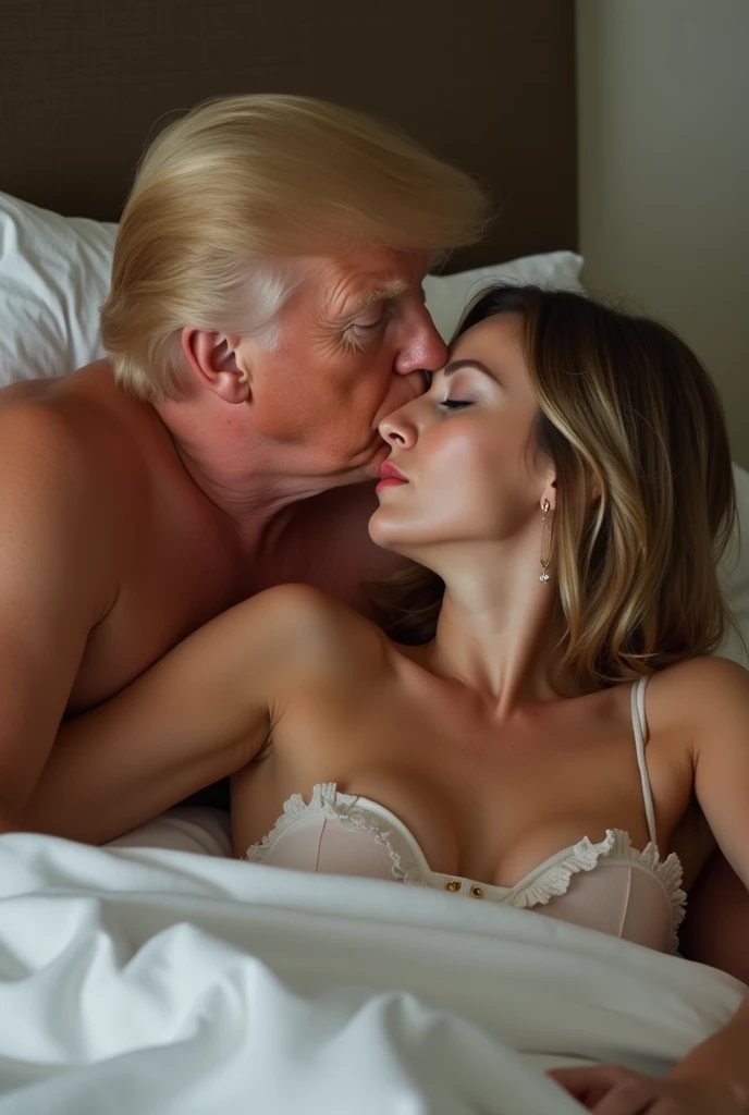 The movie star scarlett johansson dressed as a y secretary , kissing an ugly 99-year-old Peruvian man. On bed