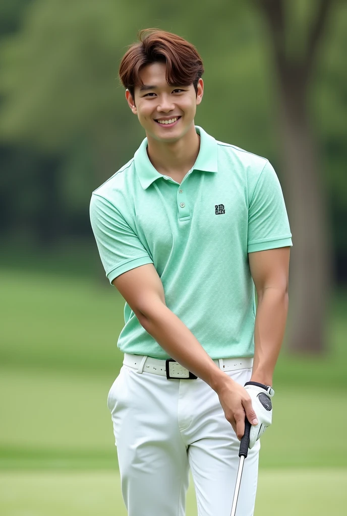 Korean man, Inspiration from Peng Yuyan, 23 years old, Korean muscular man ,The computer room is in the back. Sports t-shirts, polo, tight, navy blue., open mouth smile