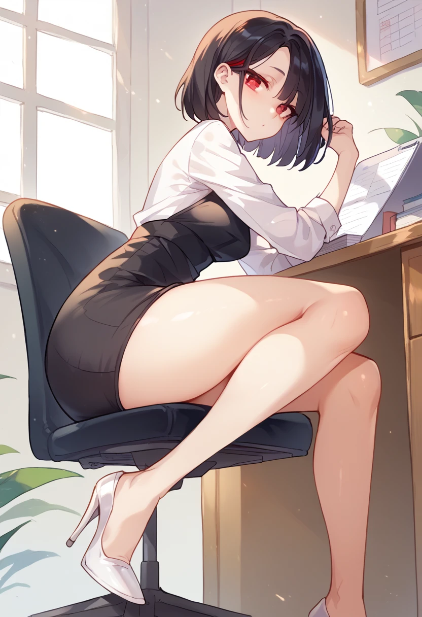 1 cute girl with white skin and black hair and red eyes wearing a black low-cut dress with white details with white high heels with big  and ass sitting on a chair in an office showing her breasts 