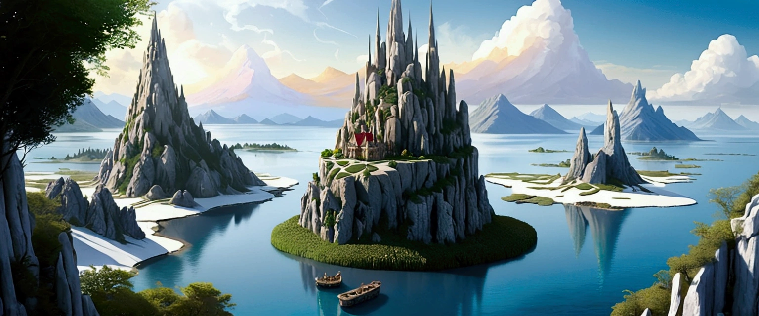 A Magical fairy tale City built on three high rocky karst island. In the middle of the Great Salt Lake. Official Art – An Award-Winning Digital Masterpiece In 4K Ultra HD, Extreme Detail And Intricate Realism. Symmetrical Face. This Concept Art Brought To Life By The Hands Of Artists Like Wlop & Artgerm In A Stunning 2D Vector Illustration.. Background Is A Panoramic Vista.
