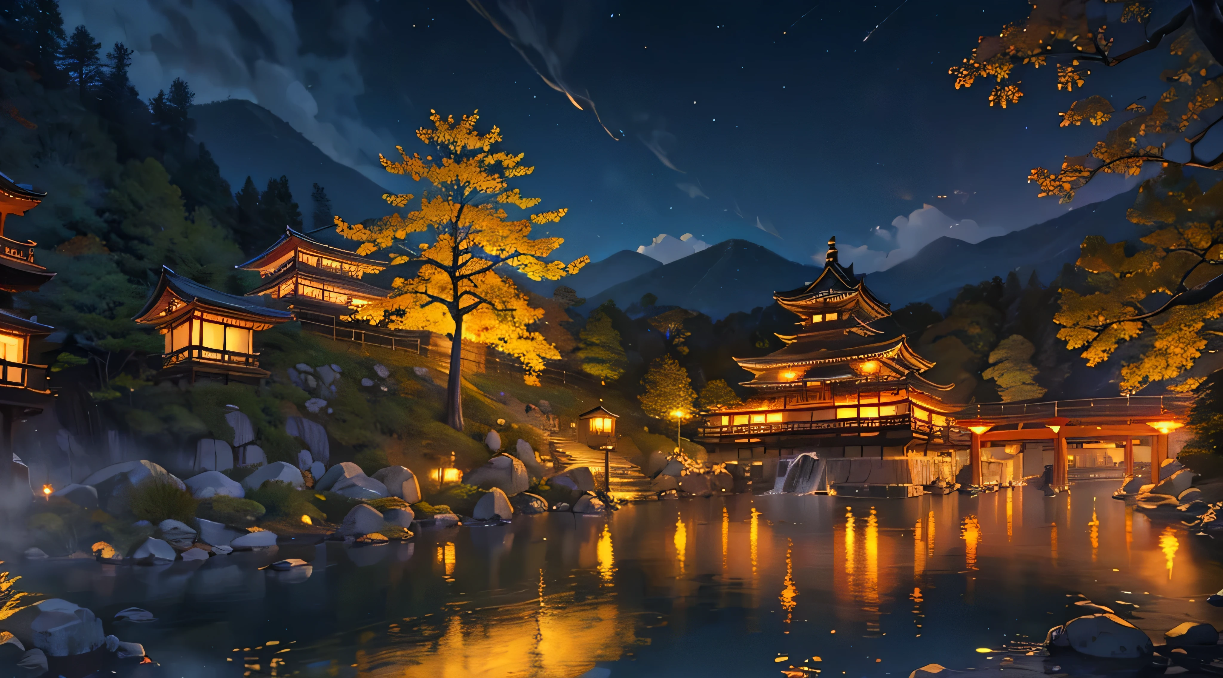 Use Renaissance style oil painting to depict the night view of Kiyomizu Temple in Kyoto, Japan,Temple lights reflected on the waterfall,Create a dreamy atmosphere。