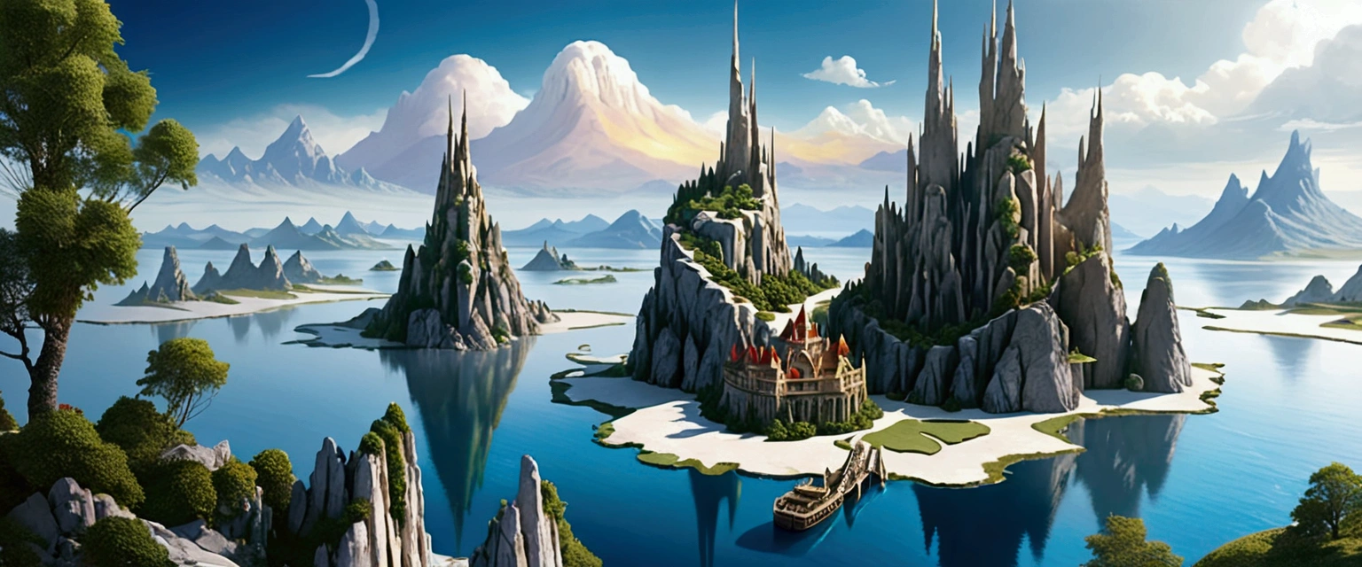 A Magical fairy tale City built on three high rocky karst island. In the middle of the Great Salt Lake. Official Art – An Award-Winning Digital Masterpiece In 4K Ultra HD, Extreme Detail And Intricate Realism. Symmetrical Face. This Concept Art Brought To Life By The Hands Of Artists Like Wlop & Artgerm In A Stunning 2D Vector Illustration.. Background Is A Panoramic Vista.
