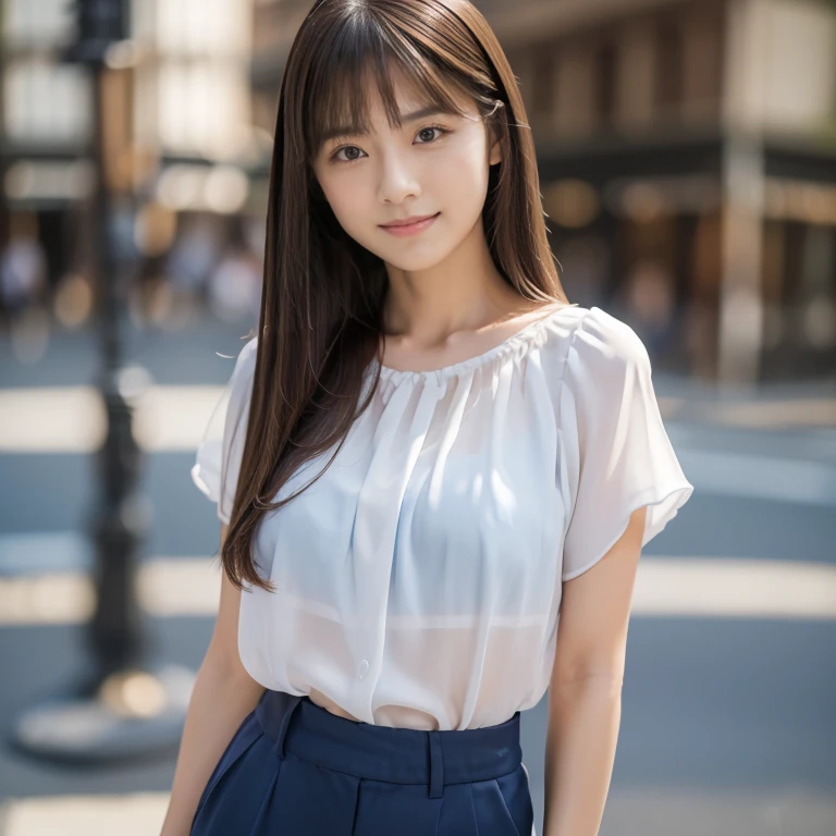 masterpiece, Highest quality, 8K, 85mm Portrait, Absurd, beautiful girl, (Super cute:1.5),, street, (school uniform, White shirt, Short sleeve), (Grey pleated mini skirt:1.5), (Dark grey tie:1.2), Long Hair, Slim body, Small shoulder width,Large Breasts,Large pelvis,neon, Natural Makeup, perspective, Depth of written boundary, Ultra-realistic, High resolution, photograph, Sharp focus, High resolution, Face Light, Dynamic Lighting, Most detailed, Very detailed, Super detailed, In detail, Real Skin, Delicate facial features,Big eyes,Big Eyes,I can see your beautiful thighs,(Shooting from knee to overhead),