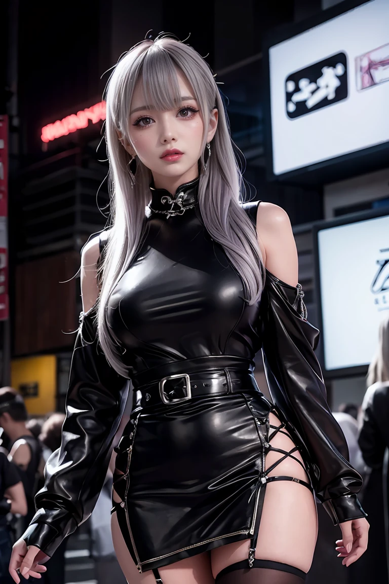 Highest quality,High resolution、High resolution、( masterpiece),Silver Hair、Purple mesh hair、ゴシックpunkの衣装、look up, Upper Body,Hair bundle,Fair skin,(realism:1.5、Realistic、Realistic、RAW Photos)、black、nice、wonderful、beautiful、Earrings、amount、Goth icskirt、Goth_punk, One Woman、alone, ((Midnight、Neon Town、Neon Light)), Looking at the audience,Leather clothing、Long sleeve, Portraitureure, Side Lock、Realistic textured face and body、Super big breasts:1.5、Narrow waist、Knee-high stockings、Deep Red Lipstick、Swollen eyes、blackのアイシャドウ、超High resolution 、SLR、Portraiture、Dynamic pose、Anatomically correct、Symmetrical face、Degrees of Freedom:1.8、
