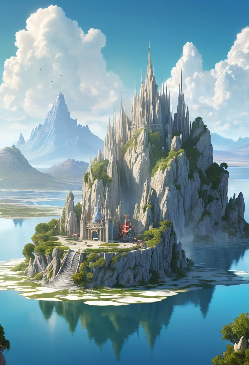 A Magical fairy tale City built on three high rocky karst island. In the middle of the Great Salt Lake. Official Art – An Award-Winning Digital Masterpiece In 4K Ultra HD, Extreme Detail And Intricate Realism. Symmetrical Face. This Concept Art Brought To Life By The Hands Of Artists Like Wlop & Artgerm In A Stunning 2D Vector Illustration.. Background Is A Panoramic Vista.
