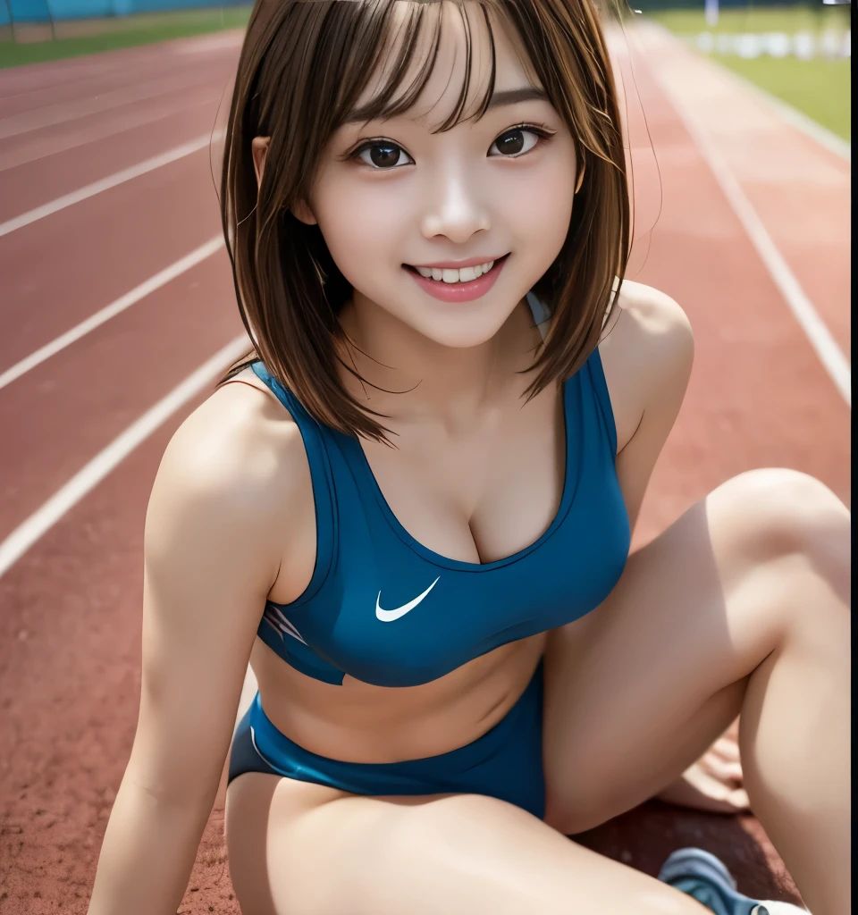 Highest quality、、Ultra-high resolution、masterpiece、Clear photos、Professional Lighting、smile、(Very cute girl、beautiful girl、The cutest Yoda Yuki)、Baby Face、Small face、Very delicate and beautiful、(Large erect nipples、Her cleavage is visible)、Super Slender、Slender body、Tight waist、Beautiful legs、(Track and field athlete)、(Sitting on the athletics field、Sit in front of the camera:1.4、with legs wide open,,:1.4、M-shaped feet:1.8、Show your crotch、Sexy pose:1.2)、Berry Short Cut、Brown Hair、Full body photo