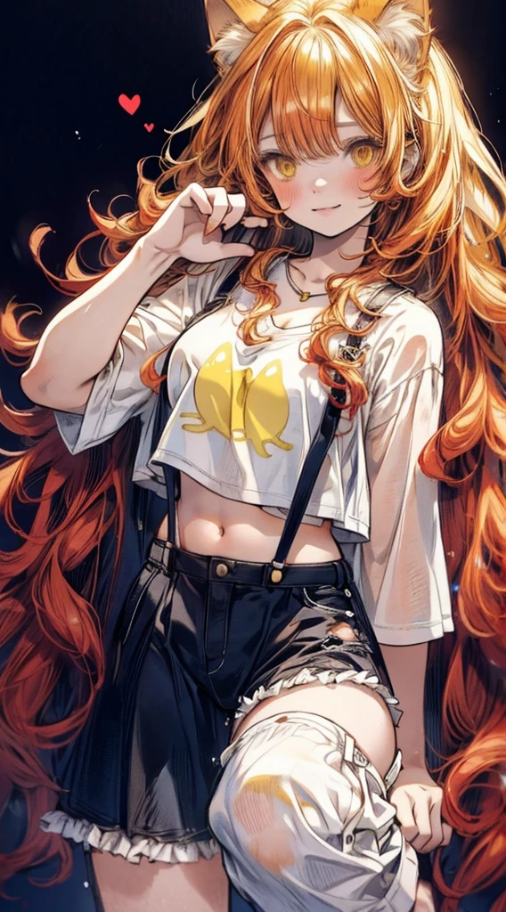 masterpiece,Highest quality,Very detailed,1 cute girl ,(:1.3),smile,(red wavy messy hair,Long Hair:1.3),(Yellow cat eyes ,Cat ear:1.3),White T-shirt,suspenders,hot pants,Bare navel,Stomach,(Abdominal muscles:0.8),one-handed paw pose,living room,(Voice of the Heart:1.2),Ultra-realistic, Perfect Anatomy, Five perfect fingers,wonderful,Ultra-fine illustrations