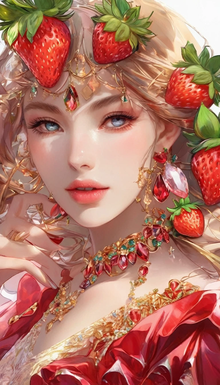 (8k, Highest quality, masterpiece)，(Realistic, RAW Photos, Super Fine Clear), Realistic Light, Detailed skin, erotic, Sexy woman with a giant strawberry on her chest, Upper body close-up