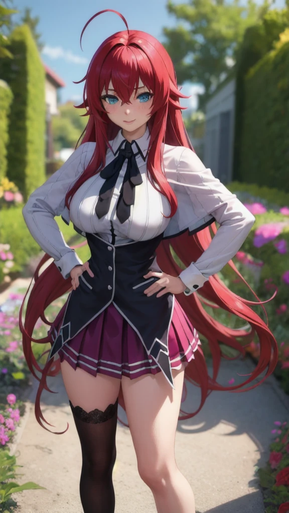 ((masterpiece, best quality)), insaneres, absurdres, solo, looking at viewer, 
ANIME_DxD_Rias_Gremory_ownwaifu, 
1girl, bangs, long hair, red hair, breasts, large breasts, rias gremory, blue eyes, hair between eyes, very long hair, collarbone, hair intakes,  hair over breasts, 
black capelet, black corset, collared shirt, kuoh academy school uniform, layered skirt, underbust, school uniform, skirt, shirt, long sleeves, purple skirt, ribbon, miniskirt, neck ribbon, thighhighs, black ribbon, 
(contrapposto, hand on hip)depth of field, vanishing point, garden, sidelighting,