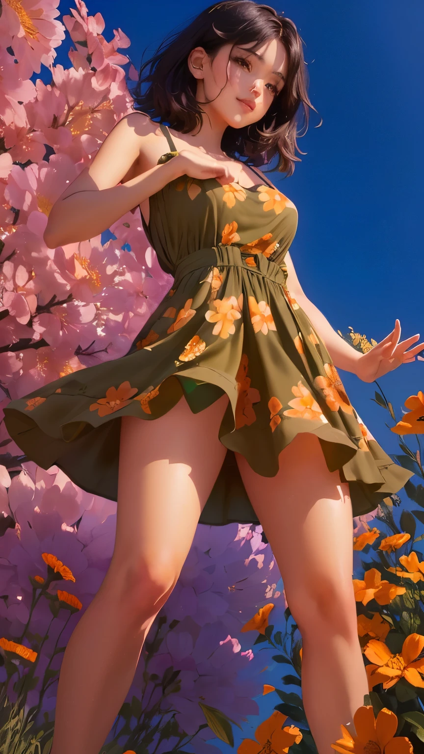 mirabel madrigal, green glasses, full body, skirt lift, under view, panties, wet skin, flat torso, small , on knees, ,