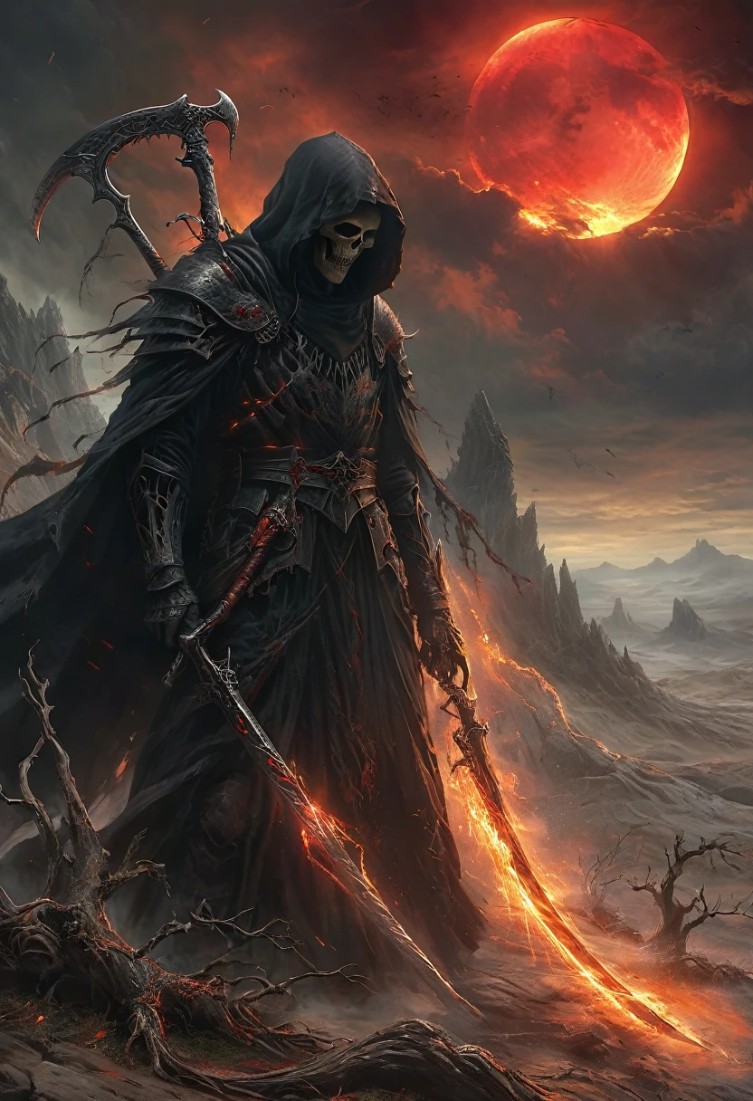 dark, atmospheric image of a towering, hooded figure resembling the Grim Reaper. The figure is cloaked in a flowing, black robe, holding an ornate scythe with intricate details. Behind the figure, a glowing red sun or moon emits a fiery aura, casting an ominous light over the scene. The setting is a desolate landscape with gnarled, dead trees and rocky terrain, creating an eerie and foreboding atmosphere. The Reaper’s skeletal face is partially obscured by the hood, and the scene is imbued with a sense of dread and power