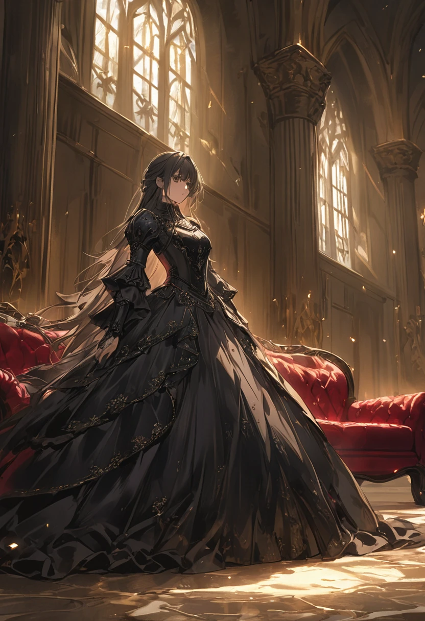 1girl and 1men,princess and knight,gothic-style scene featuring a knight in dark, ornate armor standing next to a woman seated on a luxurious red velvet sofa. The knight’s armor is detailed with intricate engravings, giving it a regal yet foreboding appearance. The woman is dressed in an elegant black Victorian gown, her expression serene and mysterious. The setting is a grand, dimly lit room with tall, arched windows casting soft light on the scene, and the gothic architecture adds to the dark, dramatic atmosphere. The knight stands protectively beside her, soul knight,evoking a sense of power and intensity, "goth girls" style