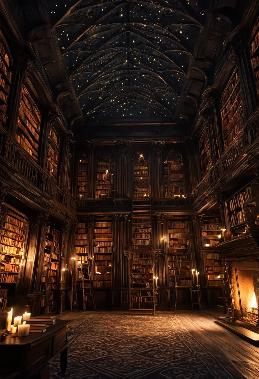 Design a detailed image of an ancient Gothic library at midnight. Tall, dark wooden bookshelves stretch to the ceiling, filled with dusty old tomes. The only light comes from flickering candles scattered across the room, casting long shadows. Ornate ladders and hidden alcoves are scattered throughout, and a grand fireplace burns softly in the background. The room has an air of mystery, as if it holds secrets long forgotten, DonM3lv3nM4g1cXL