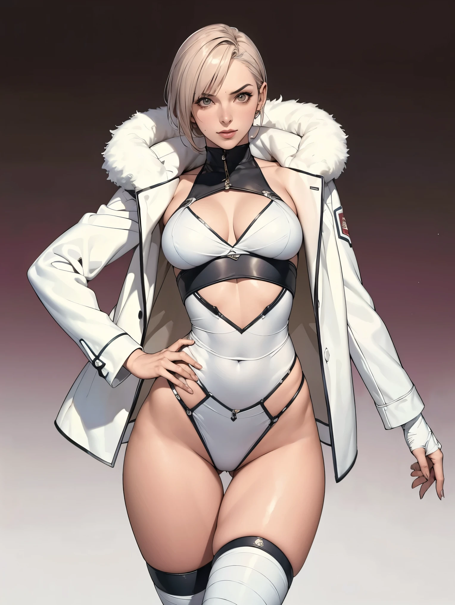 (((Annie Lennox))), (((colorful suit))), (scars), (((bandaged arms))), (((colorful clothes))) (( hood)), (((best quality: 1.4))), (Unbeatable masterpiece), (hyper HD),(CG 8k hyper-realistic), beautiful face, (((breasts big))), (((hyper feminine))), sexly girl, ((round face)), black tattoo,(ultra short red hair with white highlights)), ((( sculptural body ))), (((1 Kizi))), Kizi tatuada de 25 anos com perfect body, perfect hands, perfect fingers ,Beautiful and well-groomed face, (round face), muscular body:1.2,solid color detailed jacket, (Head to thigh photos), Complex equipment, ,Tight clothes,With white stars and off-white stripes,,,,,Armor Metal Electronic Parts, Poison tattoos ) INFO, Kizi, (((standing alone))), , 24歳, sexy, pose de attitude, work of art, dancing, ((slight smile)), post-apocalypse, (((manga style))), bounty hunter, the way you want, perfect body, roupa moderna, advanced technology, white, yellow accent, black, red accent, fur collar jacket, sleeves with vertical striped pattern, background city, (( cowboy shot )). intricate visual, narrow waist, (((wide hips))), wide hips, fit thighs, (((thigh gap))), Thigh gap, background shows a futuristic airplane, open expression, expression happy
