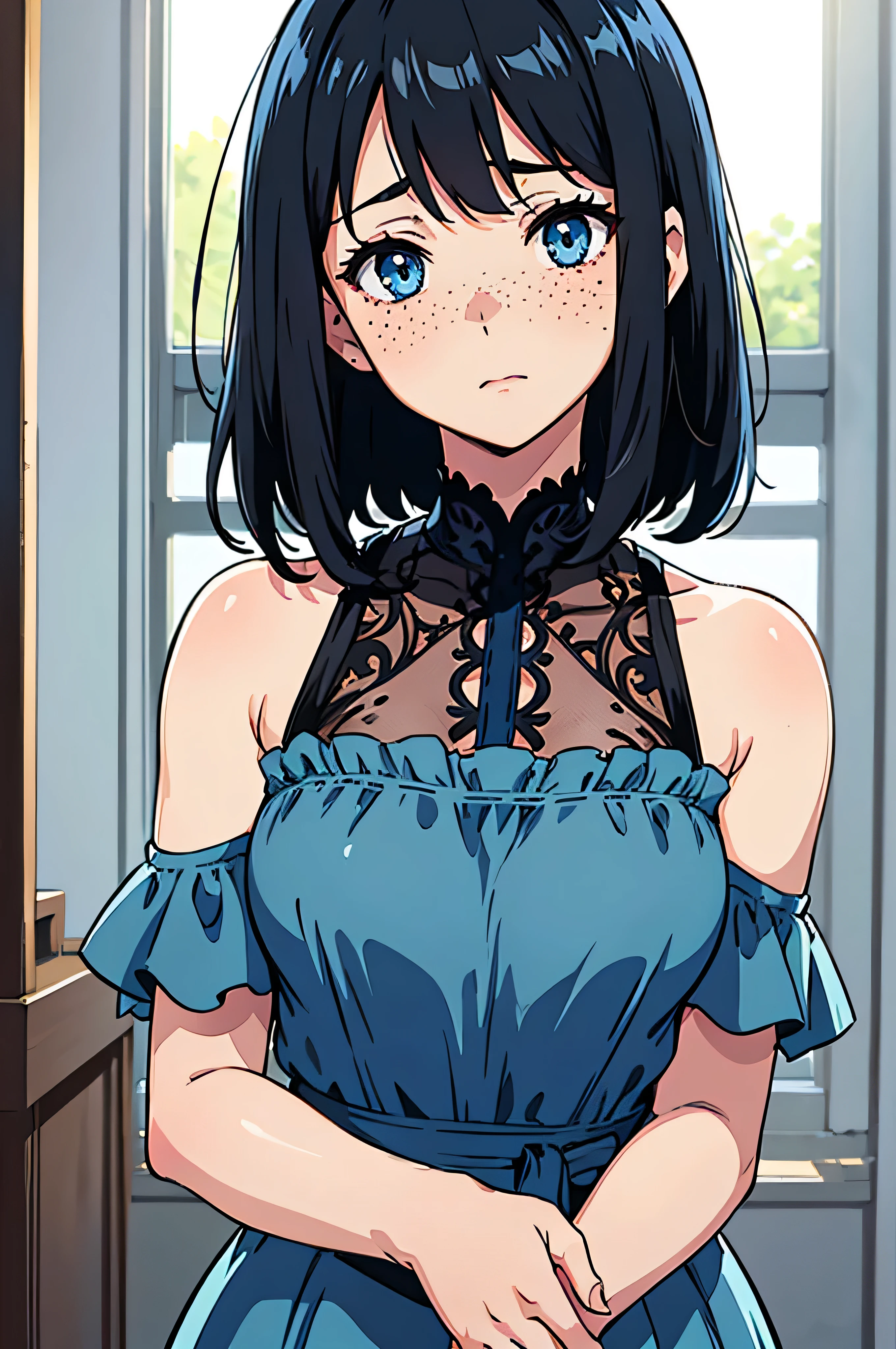 flat anime, realistic, thick lines, expressive, (solo), woman, fair skin, short black hair, blue eyes, freckles, (medium breasts), cute and shy, looking at viewer, intricate sundress, exposed shoulders, blush, upper body, manor room, looking at viewer, depth of field, dramatic lighting