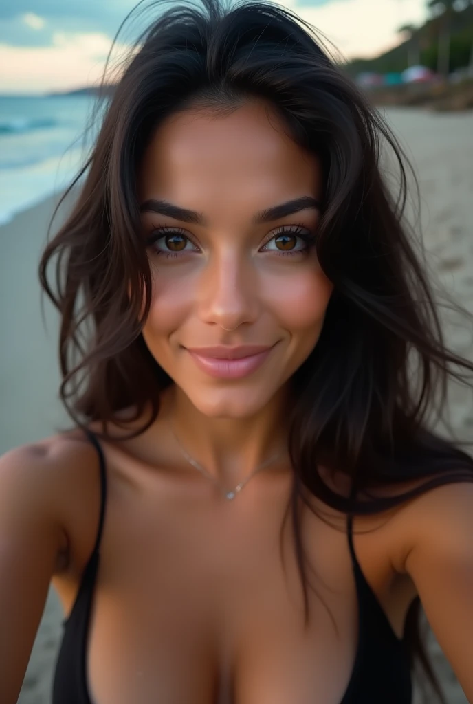 (selfie, top view: 1.4), (straight half of the body: 1.4), RAW UHD portrait photo of a 24-year-old brunette (blue-eyed woman) walking down on the beach, palm trees, (((naked))), details ( hair! , glitter, color!! , disadvantages: 1.1), glossy eyes with high detail (looking at the camera), SLR lighting, SLR camera, ultra-quality, sharpness, depth of field, film grain (center), Fujifilm XT3, crystal clear, frame center, beautiful face, sharp focus, street lamp, neon lighting, bokeh (dimly lit), night, (night sky), detailed skin pores, oily skin, sunburn, complex eye details, full body, large breasts, female fitness model body, abs, vascular muscles, midriff