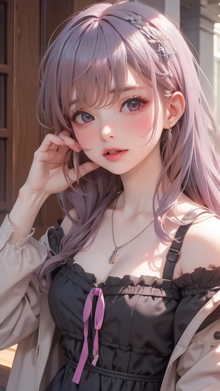 perfect quality, 、8K picture quality、best quality、masterpiece、Detailed image quality，masterpiece, 4K,8K,Ultimate quality, perfect quality, A man with gray and purple hair、Woman wearing a suffocation necklace