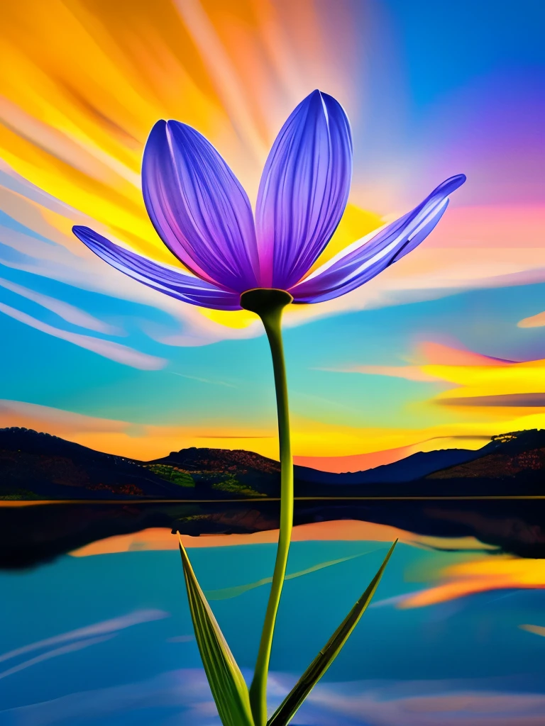 **Vibrant Twilight Bloom: A luminescent flower unfurls its vivid petals in the surreal twilight, casting a mesmerizing glow against the backdrop of a serene, dreamlike landscape.**