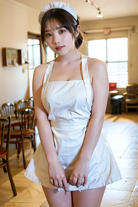 two of the most beautiful women, detailed body with large breasts, smile、happy, (((naked apron))),((maid style apron)),  detaile...