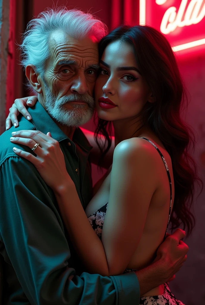 Extremely detailed, couple, A masterpiece, the portrait of a beautiful Russian top model with delicate features. She shines before the camera with a subtle smile, a very short, semi-transparent dress, a slender, perfect body, and bare legs (the girl is standing in front of the camera: 2.5 m), with curves and big breasts. She is accompanied by her sugar daddy, an 80-year-old grandfather, 50 centimeters tall (hugging a woman from behind: 1.9 m), an 80-year-old beggar, obese, very dirty, with facial deformities, disturbed and open-mouthed with emotion. he is lying next to her while in the hotel room, full body pose,