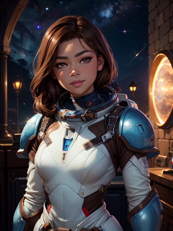 Best Quality, Ultra High Resolution, (Realism: 1.4), Depth of Field, Beautiful Face, Zendaya,(PureErosFace_V1: 0.8), Halfbody, | | 1girl, medium chest, (brown hair: 1.3), innocent smile, natural makeup, | | | Model pose, | | (Spacesuit: 1.3), (Blue Armor: 1.3), Exquisite Design, | | Space Background, Stars_(Sky), Moonlight, Night, | |