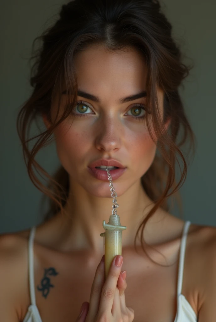 A girl with dark green curly hair, medium breasts, a little skinny and green eyes sucking a big penis 