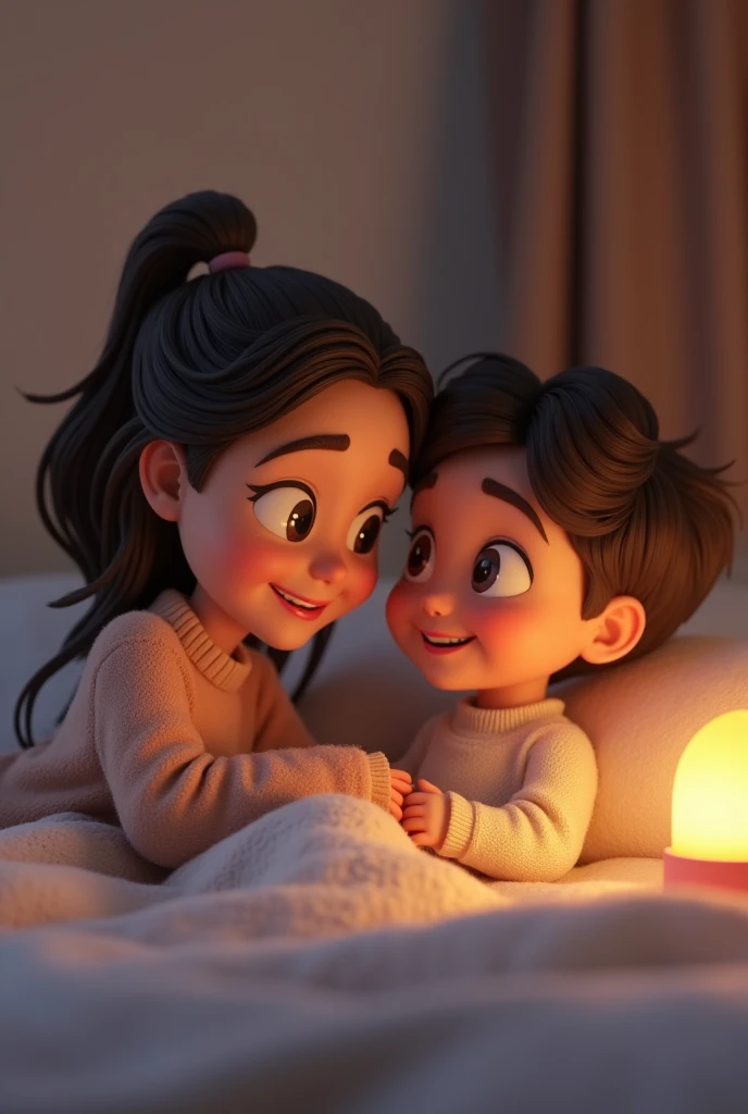 Generate in cinematic 3d cartoon style The mother’s expression of shock and joy as she sees her child waking up, healthy and full of life.
