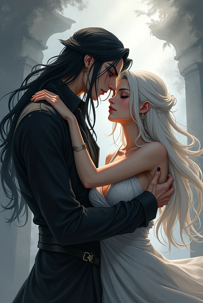 small parts, vampire theme, romantic atmosphere, elegant gothic style, pale skin, blood, gaze, Flowing Black Dress, unearthly beauty, Lunar background, soft lighting, dramatic shadows, passionate embrace, fine features, (cute fragile thin girl with white hair in a delicate dress hugs a tall adult serious man rocker) Gothic architecture, mysterious aura, bright colors, hauntingly beautiful, Mesmerizing composition. (Best quality, ultra detailed, Photorealistic:1.37), portraits. Cool color palette, atmospheric lighting.