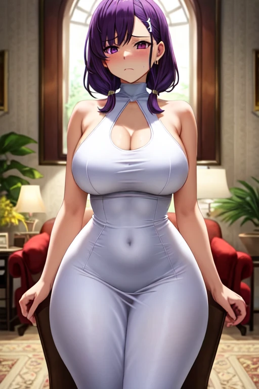 Best quality, 1woman, very curvy, pretty, large breasts, huge ass, nervous, curly ponytail purple hair, grey eyes, white sweater, exposed breasts, sundress dress , dark skin, full lips, slutty, young