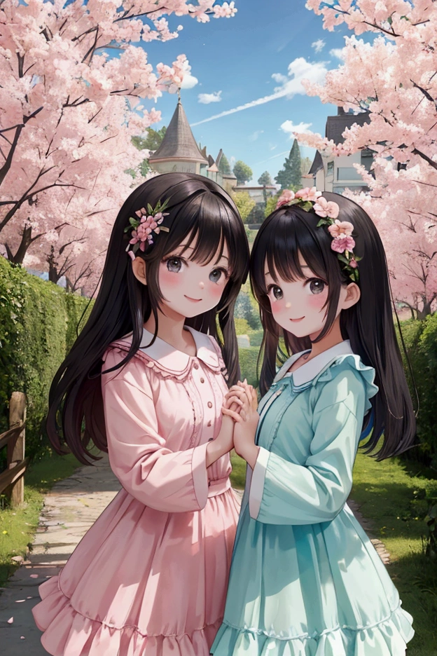 Two girls are in a magical and very beautiful forest with amazing flowers and imaginary trees. They are wearing cute and pink fairy clothes. They are looking at the scenes and holding each other's hands and smiling warm smiles. The weather is nice and sunny, there are village houses and the sky appears a little full of warmth. One of the girls has black hair, black eyes and a childish face, and the other is dazzlingly beautiful and has sharp features. 