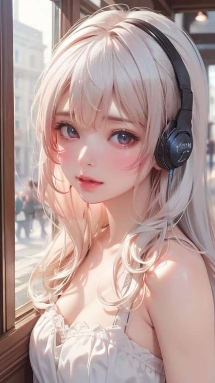 ((face, style)).((masterpiece:1.5))((1 girl, alone、Woman wearing giant headphones:1.5、sweat、Detailed face、Big Eyes、small breasts, cleavage、Best Looks、Ultimate beauty、Shiny silver hair with highlights、Modern Hairstyles))(morning、indoors, dark room, pc)Please look away from here、Beautiful profile, Wearing Headphones